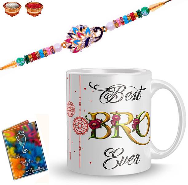 Dreamlivproducts Designer E-R-115-RB Mauli Thread Rakhi, Greeting Card, Mug  Set