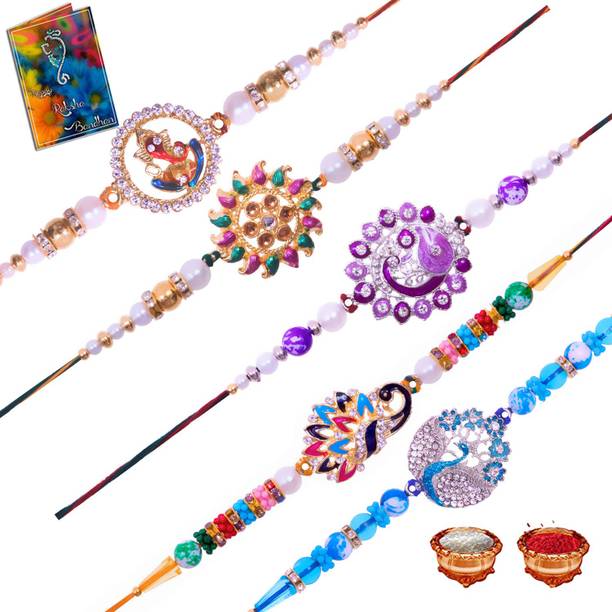 Elegaci Gifts Designer RA-RB-RC-RD-RO Mauli Thread Chawal Roli Pack, Rakhi, Greeting Card  Set