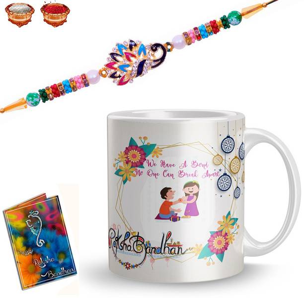 CHANUN Designer 131-RB Mauli Thread Mug, Rakhi, Chawal Roli Pack, Greeting Card  Set