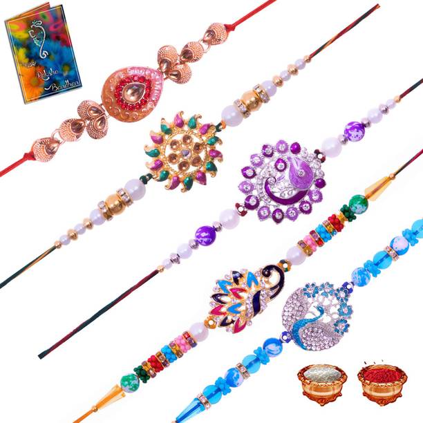 Elegaci Gifts Designer RA-RB-RC-RD-TL Mauli Thread Chawal Roli Pack, Rakhi, Greeting Card  Set