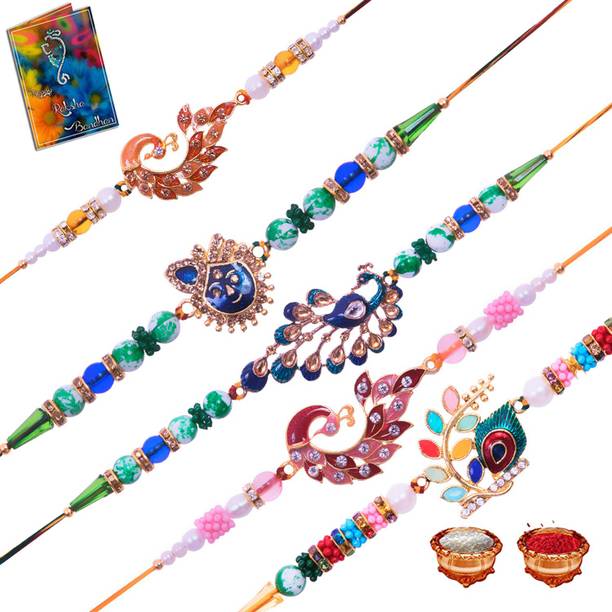 Elegaci Gifts Designer RZ-SB-SC-SD-TE Mauli Thread Rakhi, Greeting Card  Set