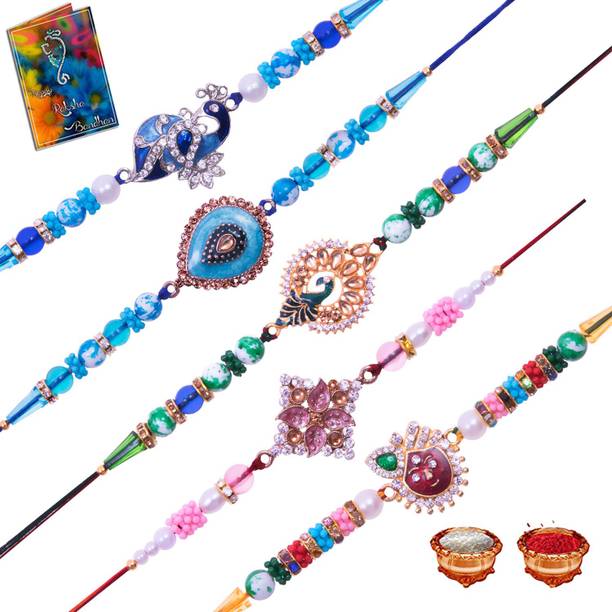 Elegaci Gifts Designer RJ-RK-RL-RM-TU Mauli Thread Rakhi, Greeting Card  Set