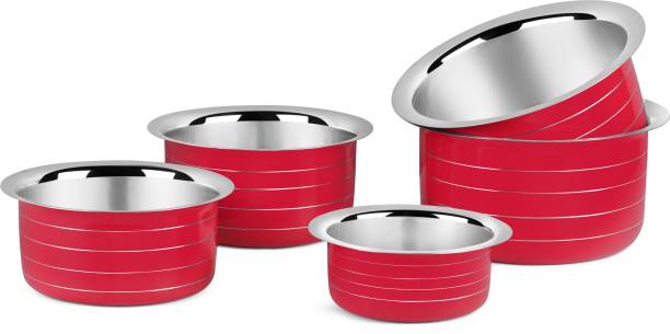 Classic Essentials induction friendly Tope cookware set (5 piece ) Red Tope Set 750 ml, 1000 ml, 1350 ml, 1850 ml, 2200 ml capacity 15 cm, 17 cm, 19 cm, 21 cm, 22 cm diameter