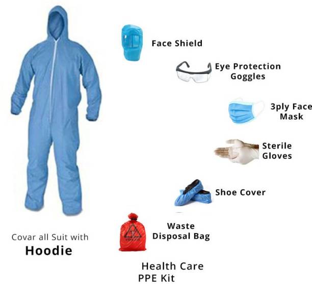 Techobucks Health care PPE KIT with full bodysuit cover, Head cover, Hand Gloves , 3 Ply Face Mask, Goggles, Shoe Cover & Bio Medical Waste Bag Safety Jacket