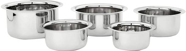 Nirvika 5 Pcs stainless steel tope flat Bottom Container Set/Tope/tapeli/patila/serving bowl cooking Cookware Set heavy Gauge (Capacity 425ml, 550ml, 850ml, 1250ml, 1500ml Approximately) Strong-Durable-Reliable biryani Tope Set (Stainless Steel) Non-Stick Coated Cookware Set