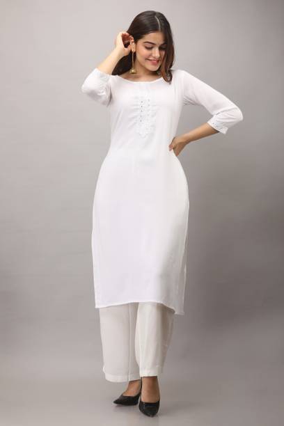 VEDANA Women Solid Viscose Rayon Straight Kurta (White)