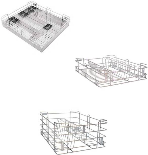 Bloo Basket Utensil Kitchen Rack Steel stainless Steel Modular Kitchen Basket Accessories cabinets Multipurpose drawer 4" Cup saucer, 4"Cutlery, 8" Thali Wired (21 Inch Width * 20 Inch Depth) Set of 3