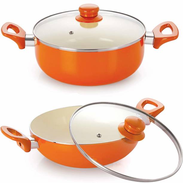 NIRLON Accessories Ceramic Cooking Non Stick Aluminium 2 Pieces Set, Orange इंडक्शन बॉटम कुकवेयर सेट