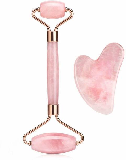 jaderoller Rose Quartz Roller and Gua sha set Rose Quartz Roller and Guasha set for facial skincare and skin rejuvenation, Wrinkles, Eye Puffiness Massager