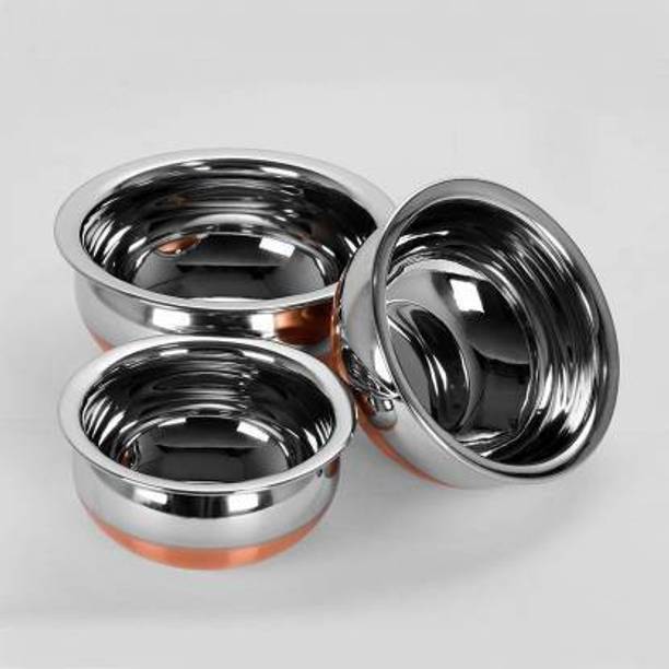 GALOOF Stainless Steel Serving Bowl New Copper Bottom Handi Pot 3 Piece Set/Steel Handi Set 3 Piece Set /handi Cookware Set