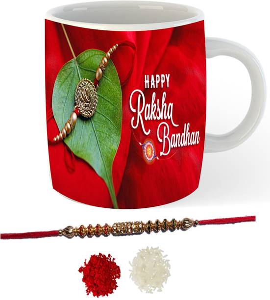 LEDZZ Religious Paan Leaf Rakshabandhan Mug with Rakhi, Roli and Chawal Rakhi Gift for Brother Mauli Thread Chawal Roli Pack, Rakhi, Mug Set