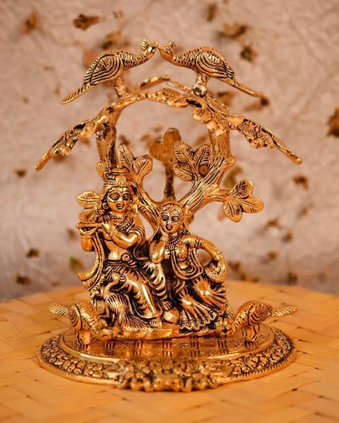 Chhariya Crafts Metal Radha Krishna Sitting Under Tree Plying Flute Decorative Showpiece  -  24 cm