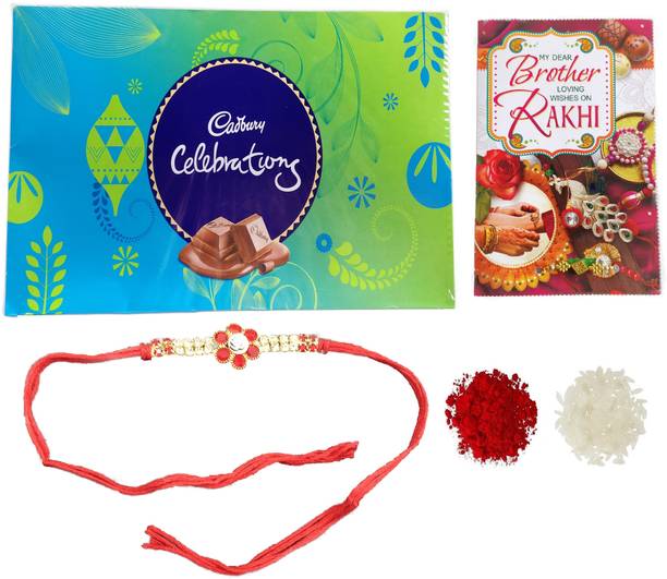Cadbury Special Gift For Brother | Large Celebrations Gift Pack Chocolate With Beautiful Designer Rakhi & Rakhi greeting Card Silver Plated Gift Box