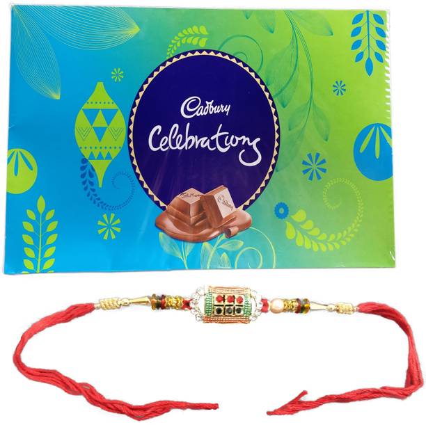 Cadbury Special Gift For Brother | Large Celebrations Gift Pack Chocolate With Beautiful Designer Rakhi Silver Plated Gift Box