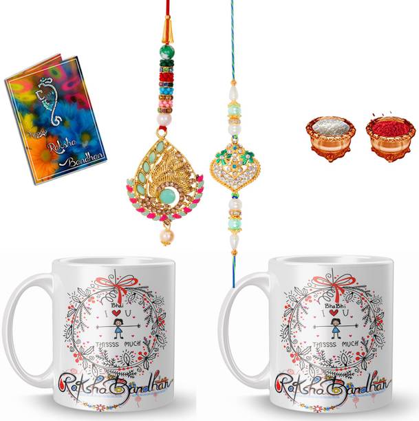 CHANUN Bhaiya Bhabhi L-102-102b-YA-KJ Gold Finish Lumba, Chawal Roli Pack, Rakhi, Greeting Card, Mug  Set