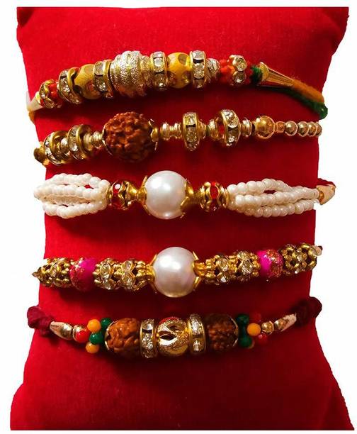 Ananda Sales Designer Different Pattern Pearl Beads Rudraksh Rakhi for Brother with Roli Chawal Bhaiya Bhabhi Rakhi Rakhi Pack of 5 Rakhis Assorted Chawal Roli Pack, Rakhi Set