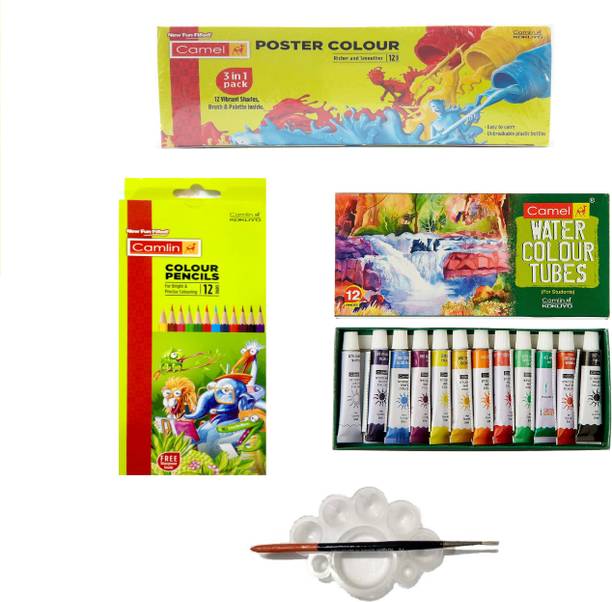 Camlin Pack of 12 Shade Student Water Colour Tube-5 ml, 12 Shade Poster Colours and 12 Shade Water Colour Pencil with Tray and Brush