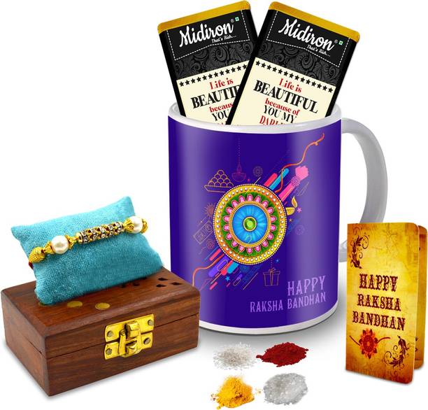 Midiron Rakhi for Brother, Chocolate with Rakhi Roli in Wooden box and Mug Gift pack for Brother IZ20ST-18 Ceramic, Wooden Gift Box