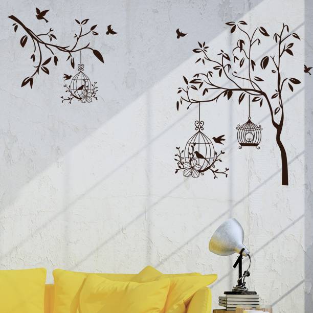 Asian Paints 30 cm Hanging Bird Cage on Trees Vinyl Wall Sicker Removable Sticker