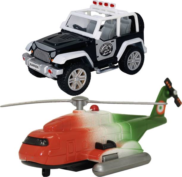 Miniature Mart Kids Small Size Pull Back & Go Mini Adventure Jeep + Air Passenger Helicopter