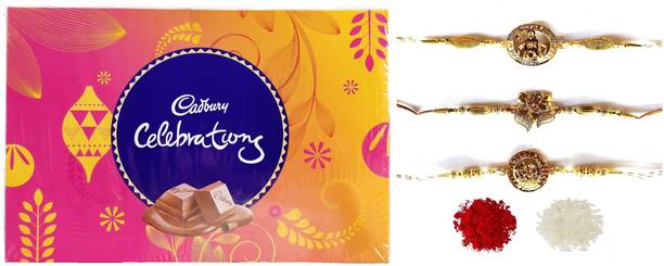 Cadbury Perfect Combo For Brothers |Celebrations Gift Pack Chocolates With Beautiful Designer Gold Plated Rakhi Pack Of 3 Plastic Gift Box