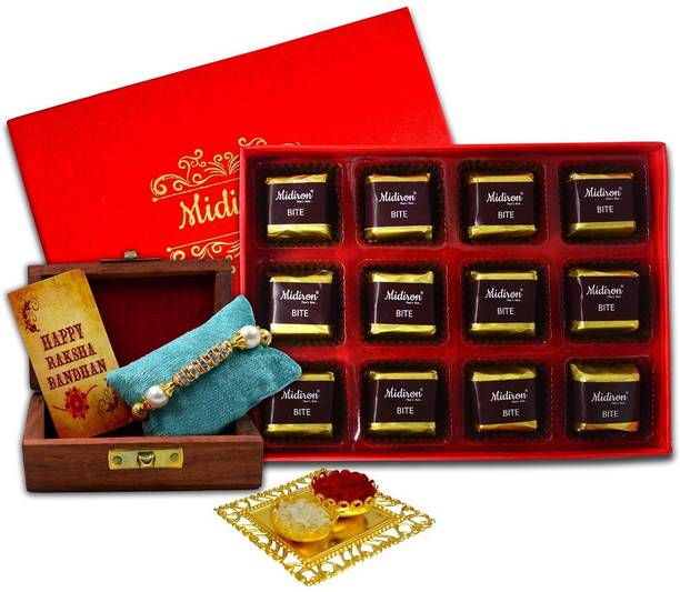 Midiron Rakhi Gifts, Pearl Rakhi with Chocolate Box Gift for Brother Wooden Gift Box