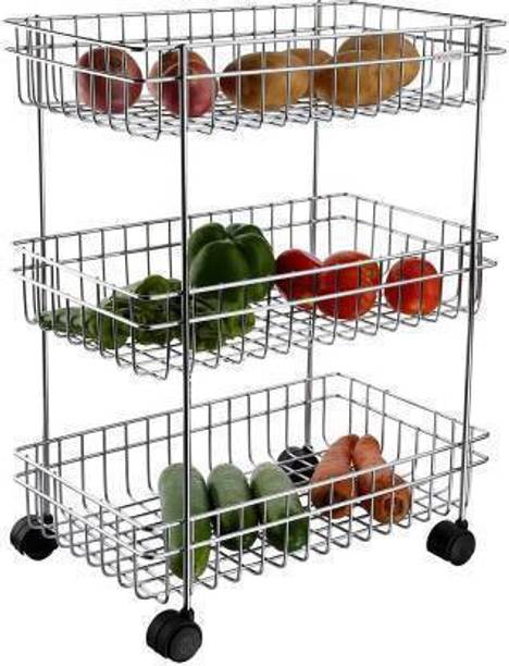 Paratpar Mart 3 Layer Fruit and Vegetable Stand/Basket/Trolley Modern Kitchen Storage Stainless Steel Kitchen Trolley