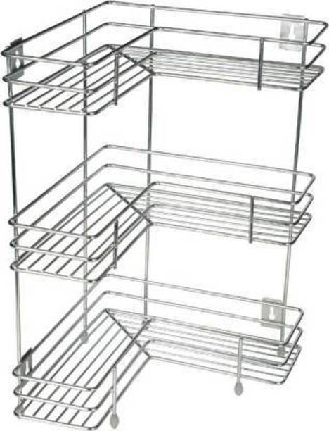 N H Enterprise Utensil Kitchen Rack Steel New 3 Layer Corner Side Kitchen Rack (Silver)