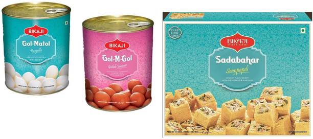 Bikaji Gol Matol Sweets Rasgulla-1.25kg Gulab Jamun-1.25kg and Sohan Papdi-450g(Combo Pack of 3)) Tin
