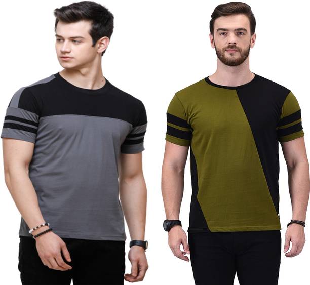 Wrath Pack of 2 Men Colorblock Round Neck Pure Cotton Green, Blac