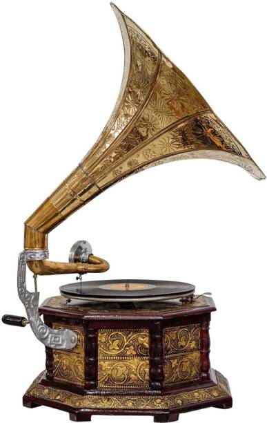 tahaart Antique Vintage Gramophone Record Player Original Working With Revolving Key Wooden, Brass Gramophone