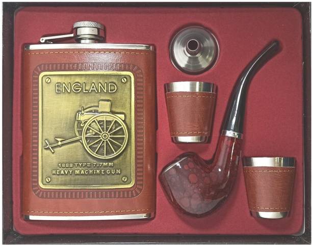 Protos India.Net 9 oz Brown Leather England Hip Flask + Pipe + 2 shot glasses + Funnel Bar set Stainless Steel Hip Flask
