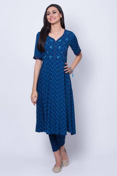 RANGRITI Printed Viscose Rayon Anarkali Kurta for Women Blue