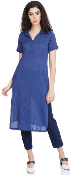 RANGRITI Solid Pure Cotton Straight Kurta for Women Blue