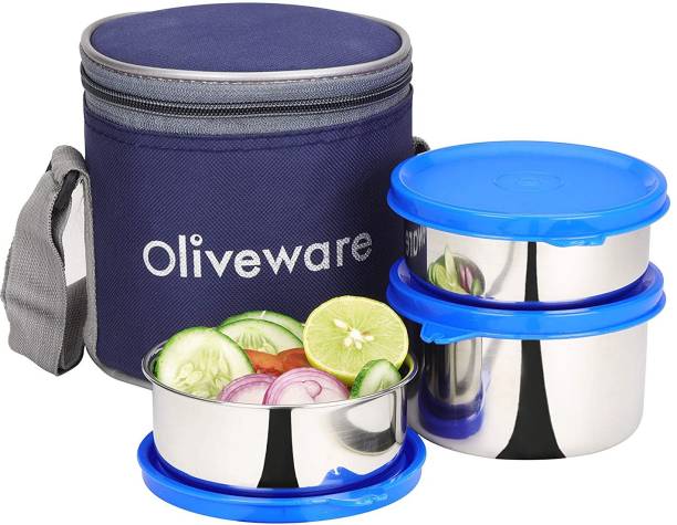 Oliveware Stainless Steel Containers | Idle for Office Use | Insulated Fabric Bag 3 Containers Lunch Box