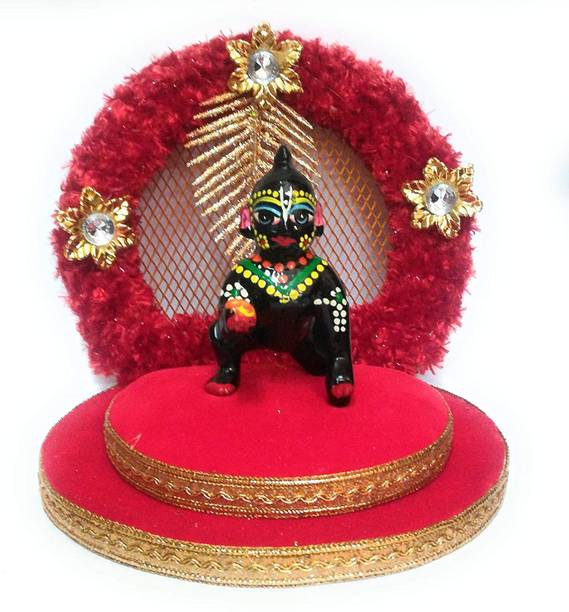 vrindavan shopi Hand Painted Brass Made Black Laddu Gopal Idol with Red Velvet Beautiful Bed Singhasan for Janmashatmi Pooja in Home and Office Temple from Decorative Showpiece  -  13 cm