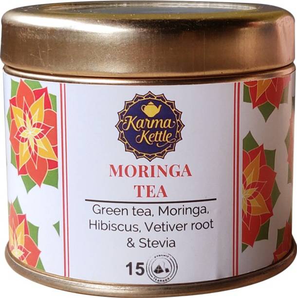 Karma Kettle Moringa Green Tea with Moringa Leaf, Hibiscus Flower, Vetiver Root & Stevia Leaf Hibiscus Herbal Tea Tin