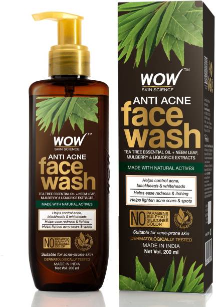 WOW SKIN SCIENCE Anti Acne  - with Tea Tree Essential Oil, Neem Leaf Extracts - For Controlling Acne, Blackheads & Spots - No Parabens, Sulphate, Silicones & Color - 200mL Face Wash