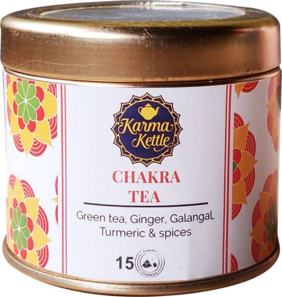 Karma Kettle Chakra Green Tea with Ginger Flakes, Cinnamon, Tulsi, Cardamom Bits & Black Pepper Unflavoured Herbal Tea Tin