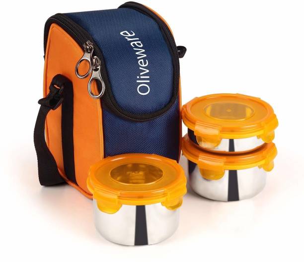 Oliveware Lunch Box - Orange | Steel Range | Microwave Safe & Leak Proof | 3 Air-Tight Containers with Bag | Keep Food Hot | School, College & Office Use 3 Containers Lunch Box