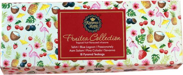 Karma Kettle FRUITEA Collection Gift Box 18 Pyramid Teabags: (6 Flavours X 3 Teabags) Passion Fruit, Mango, Pineapple, Coconut, Strawberry, Apple Iced Tea Box