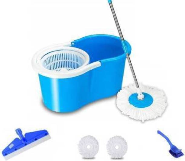 Mupkin Dry Bucket Mop - 360 Degree Self Spin Wringing With 2 Super Absorbers with 1 Portable Wiper,1 Bath room brush Mop Set, Floor Wiper
