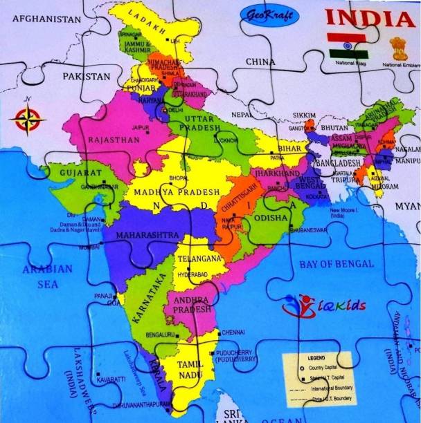 iQKids India Map Floor Jigsaw Puzzle for Kids with States and Their Capitals- Educational Toy Learning Game