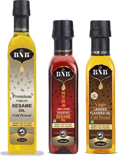 BNB Premium Virgin Sesame Oil(500 ML),Roasted Sesame Oil(250 ML)&Flaxseed Oil(250 ML)|Pack of 3(1 LTR) Sesame Oil PET Bottle