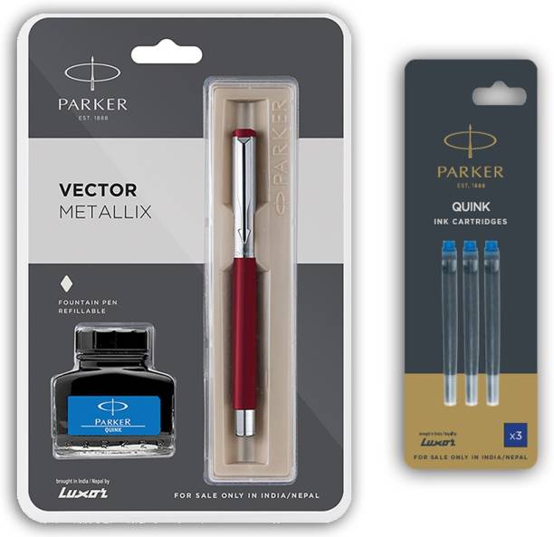PARKER Vector Metallix Fountain Pen With Stainless Steel Trim + Ink Bottle and Ink Cartridges Fountain Pen