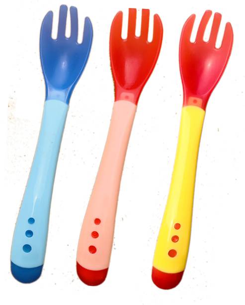 The Little Lookers Silicone Tip Heat Sensitive Silicone Spoons | Temperature Sensing Spoons | Fork Set (Red, Blue & Yellow)  - Silicone