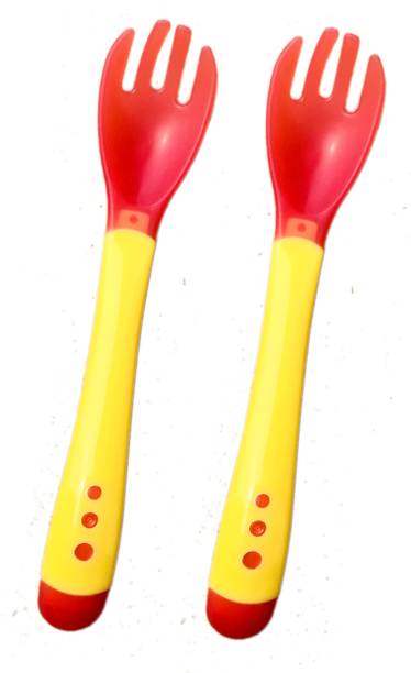 The Little Lookers Silicone Tip Heat Sensitive Silicone Spoons | Temperature Sensing Spoons | Fork Set - Pack of 2 (Yellow)  - Silicone