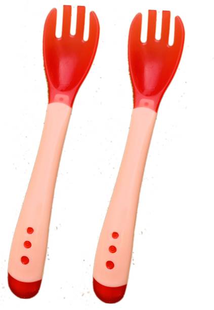 The Little Lookers Silicone Tip Heat Sensitive Silicone Spoons | Temperature Sensing Spoons | Fork Set - Pack of 2 (Red)  - Silicone