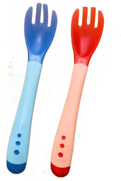 The Little Lookers Silicone Tip Heat Sensitive Silicone Spoons | Temperature Sensing Spoons | Fork Set - Pack of 2 (Red & Blue)  - Silicone