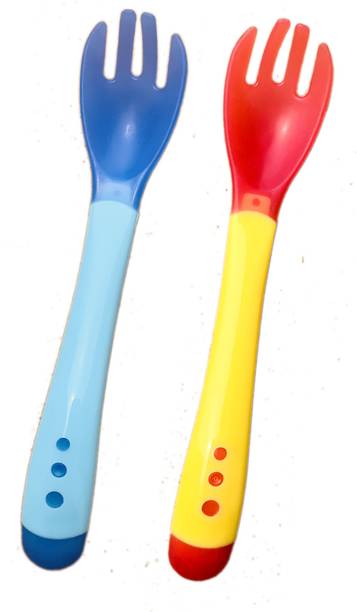 The Little Lookers Silicone Tip Heat Sensitive Silicone Spoons | Temperature Sensing Spoons | Fork Set - Pack of 2 (Yellow & Blue)  - Silicone